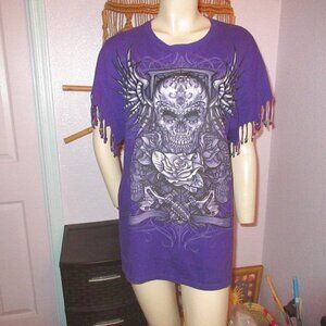 Winged Cyber Skull T-Shirt Size XL Beaded Fringe Short Sleeves Goth Chaos Wicked